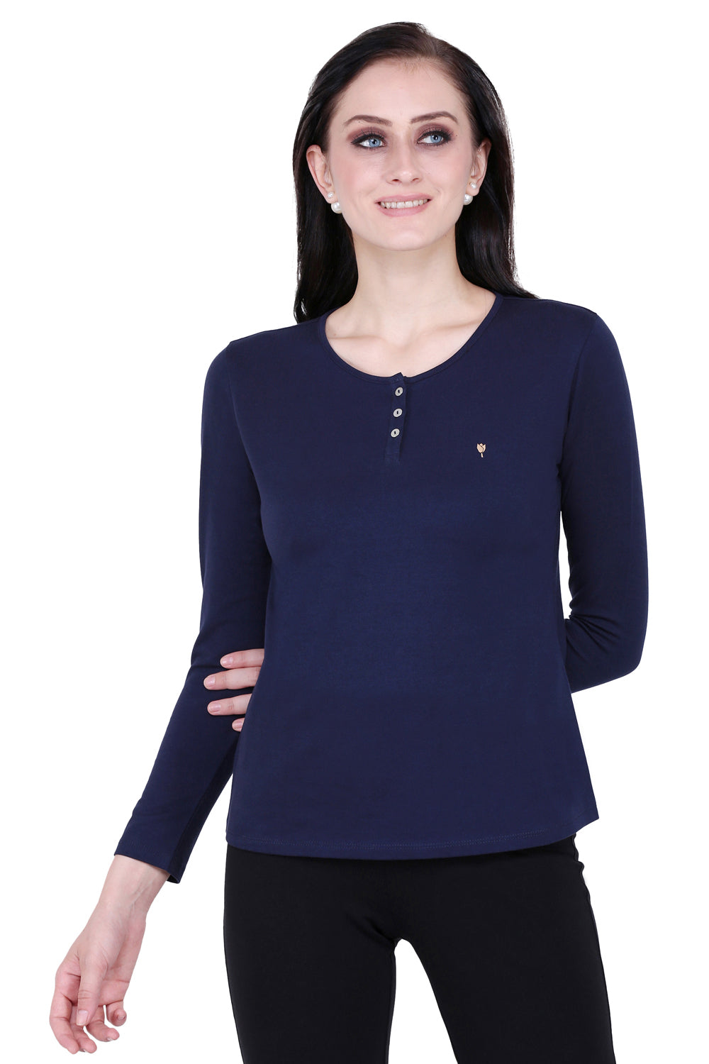 Plain Navy Round Neck Stretch Top
