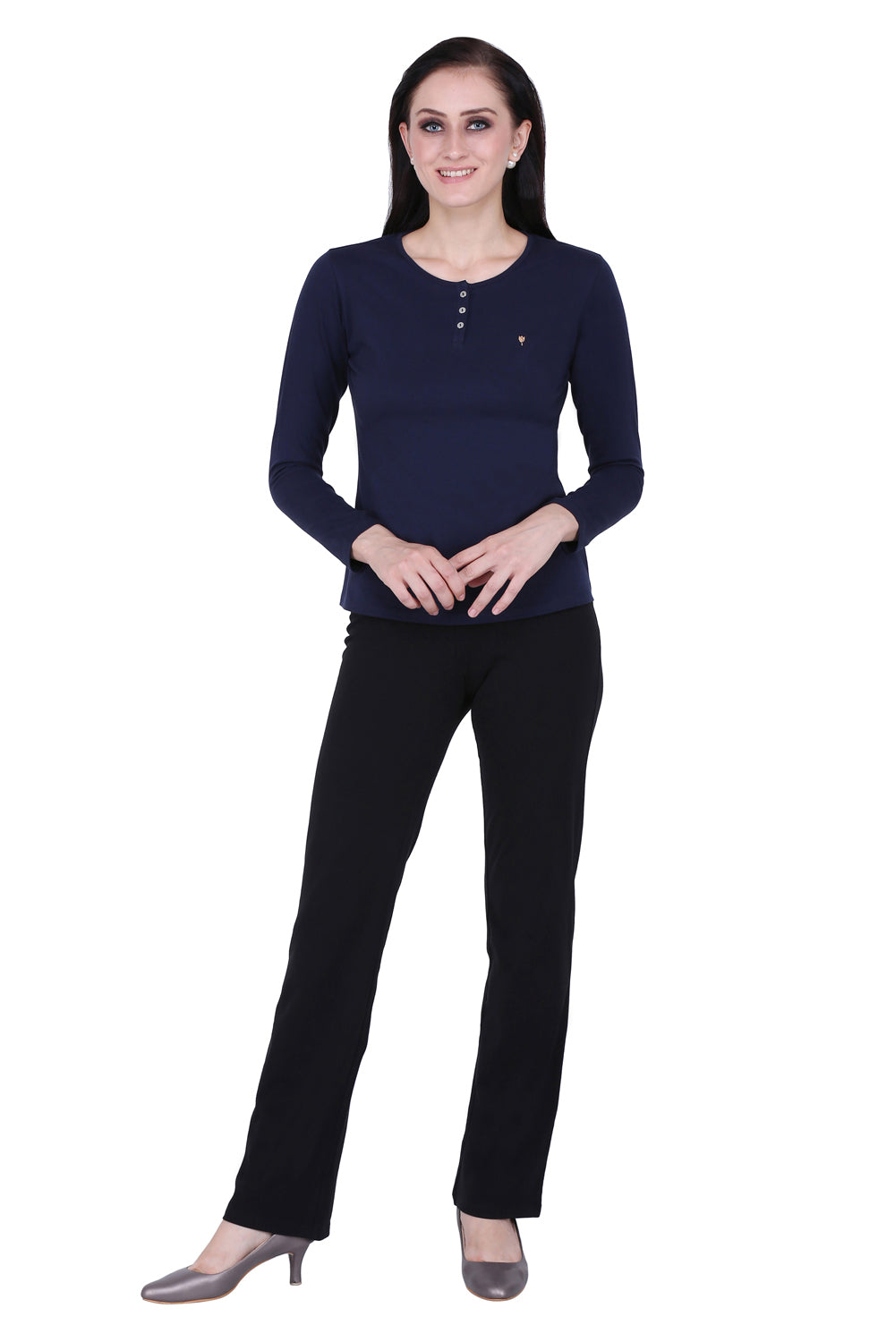 Plain Navy Round Neck Stretch Top