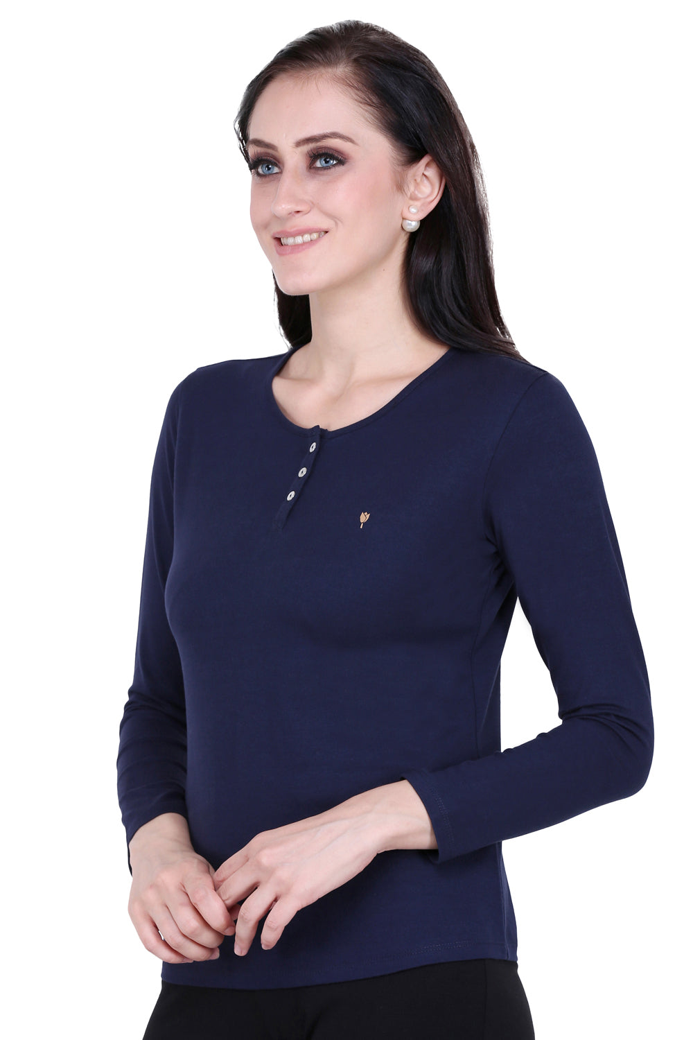 Plain Navy Round Neck Stretch Top