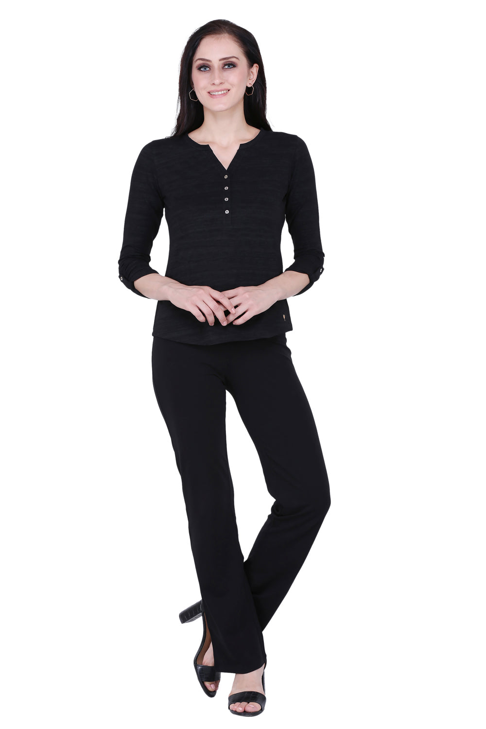 Black Texture V Cut Stretch Top