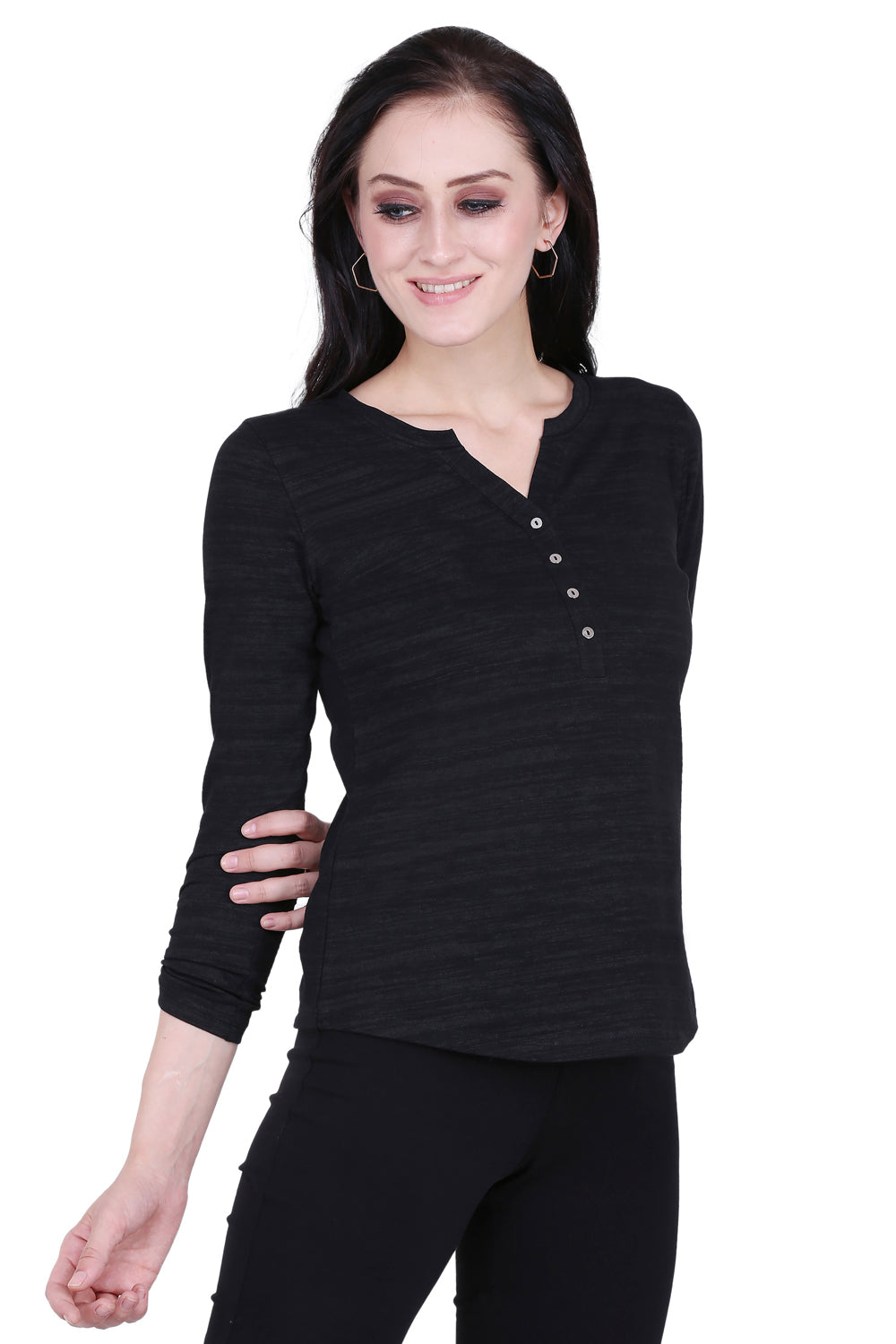 Black Texture V Cut Stretch Top