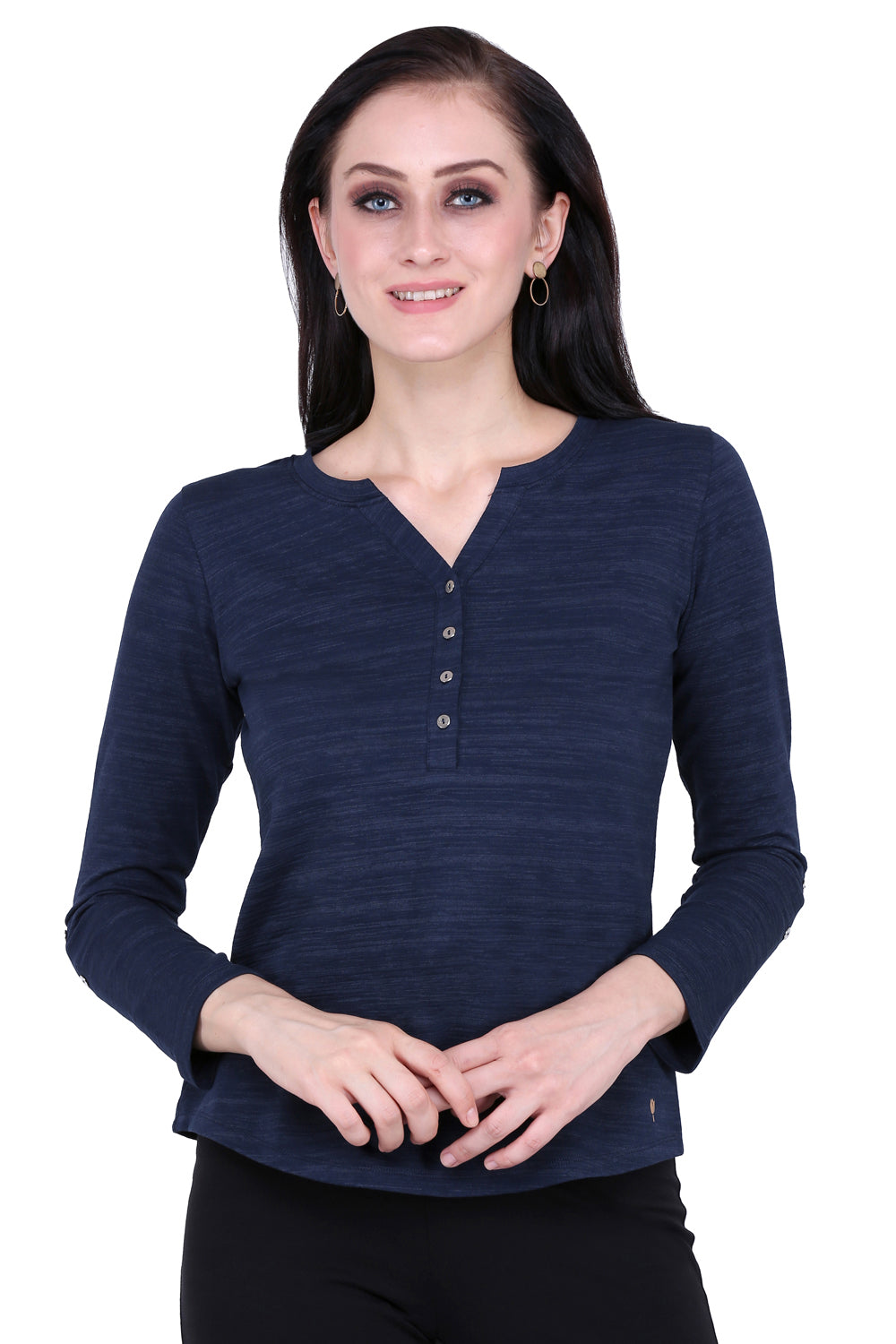 Navy Texture V Cut Stretch Top