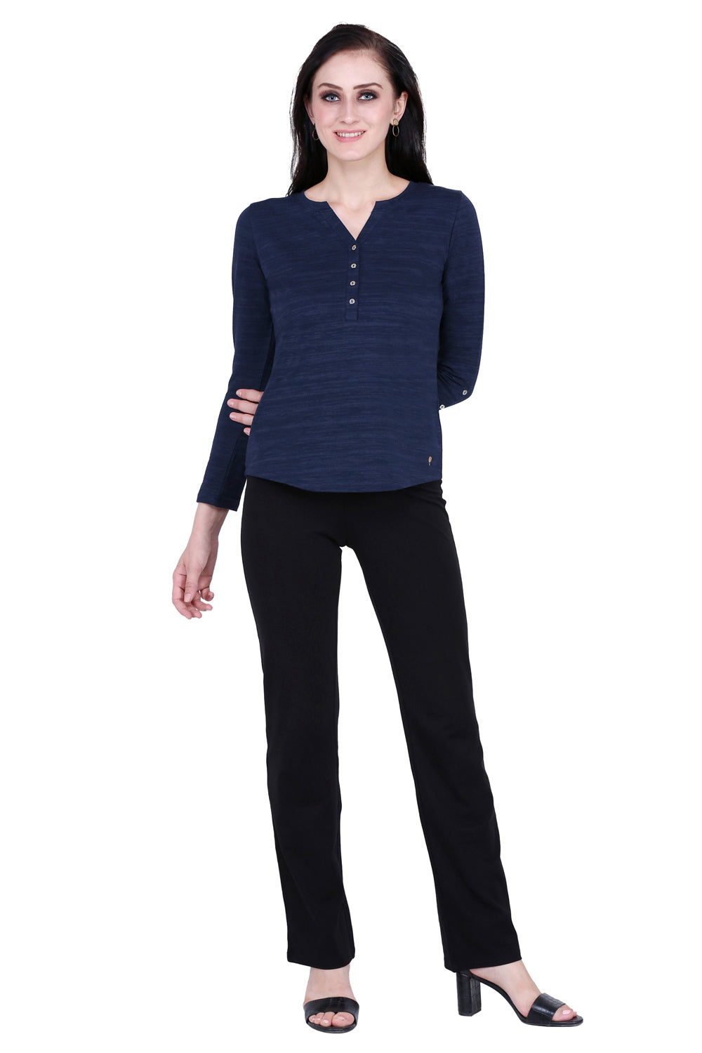 Navy Texture V Cut Stretch Top