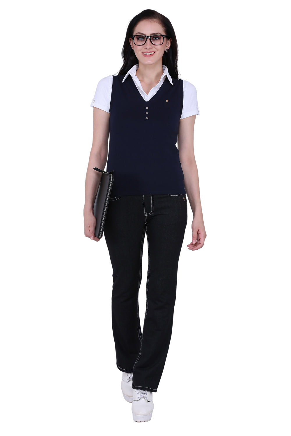 Navy V Neck Stretch Vest Coat Top