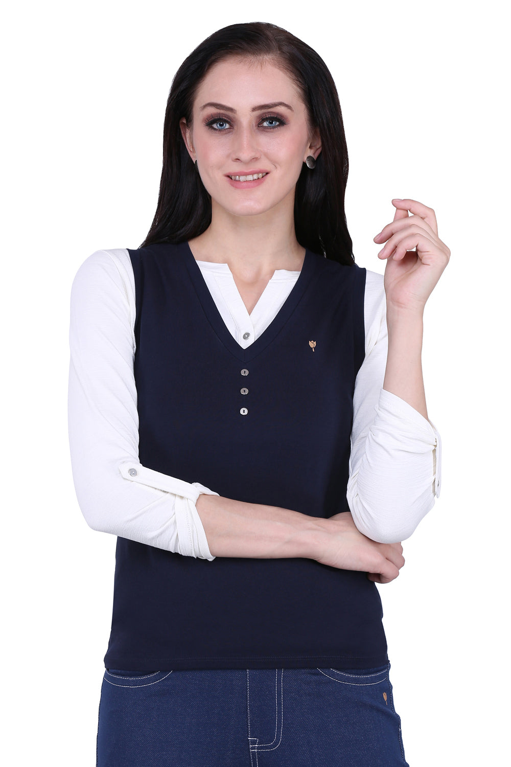 Navy V Neck Stretch Vest Coat Top