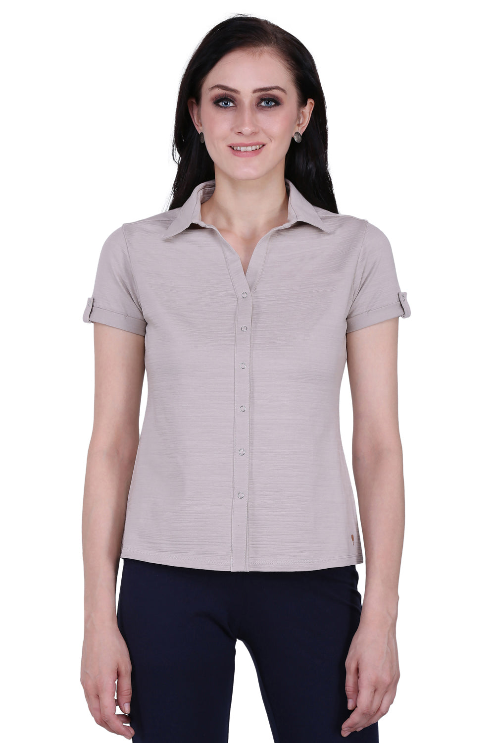 Beige Stretch Short Sleeve Crush Shirt