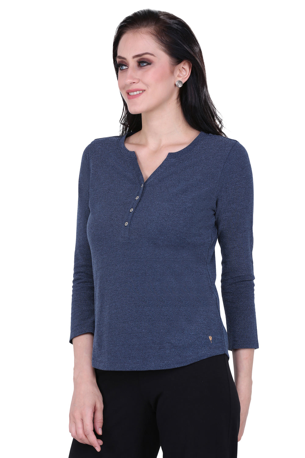 Blue Weave V Cut Stretch Top