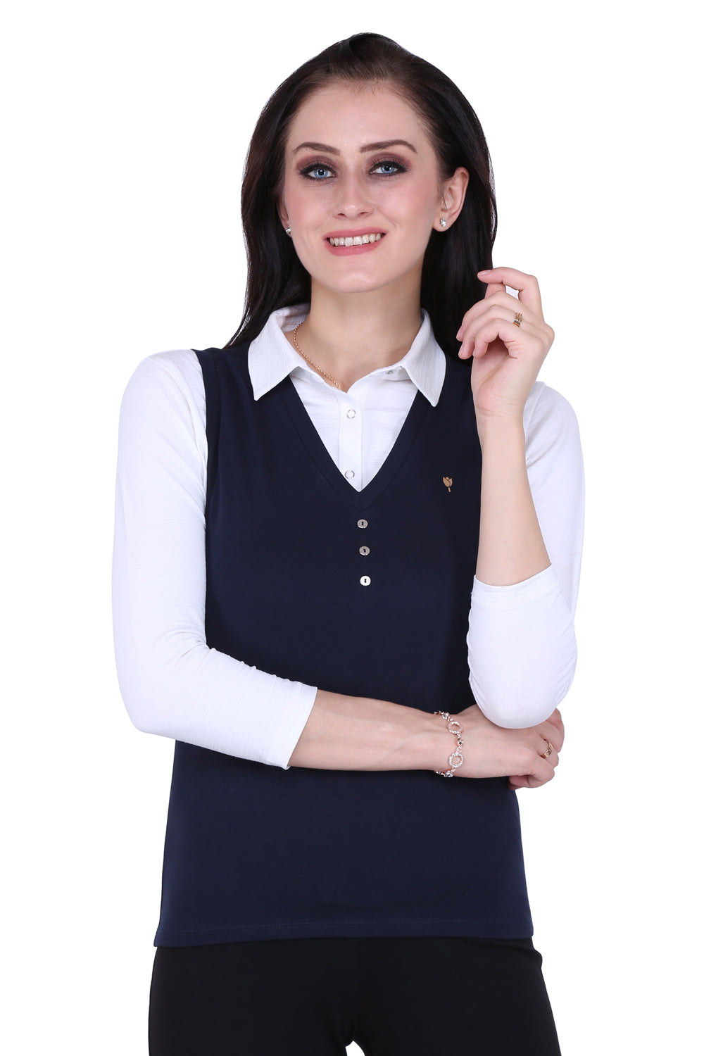 Navy V Neck Stretch Vest Coat Top