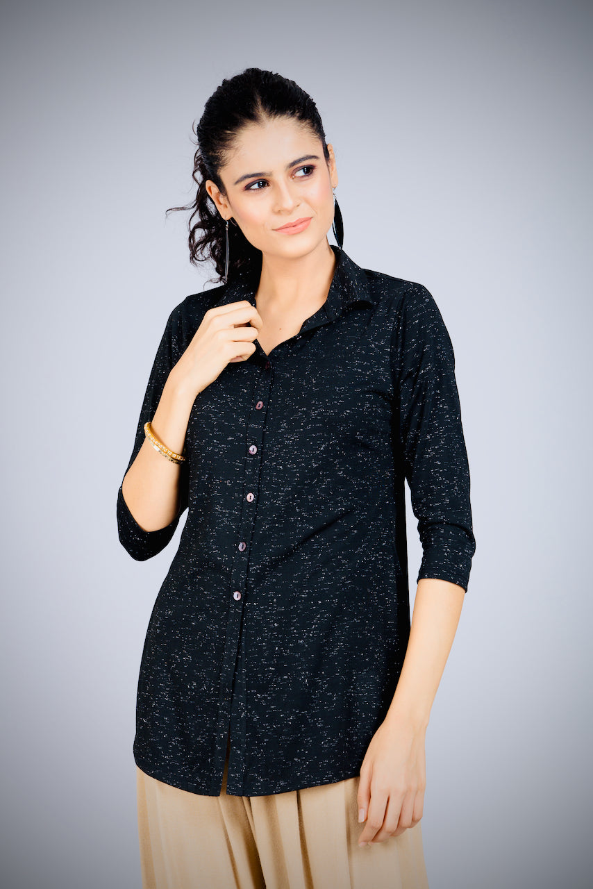 Black Sheen Stretch Long Shirt