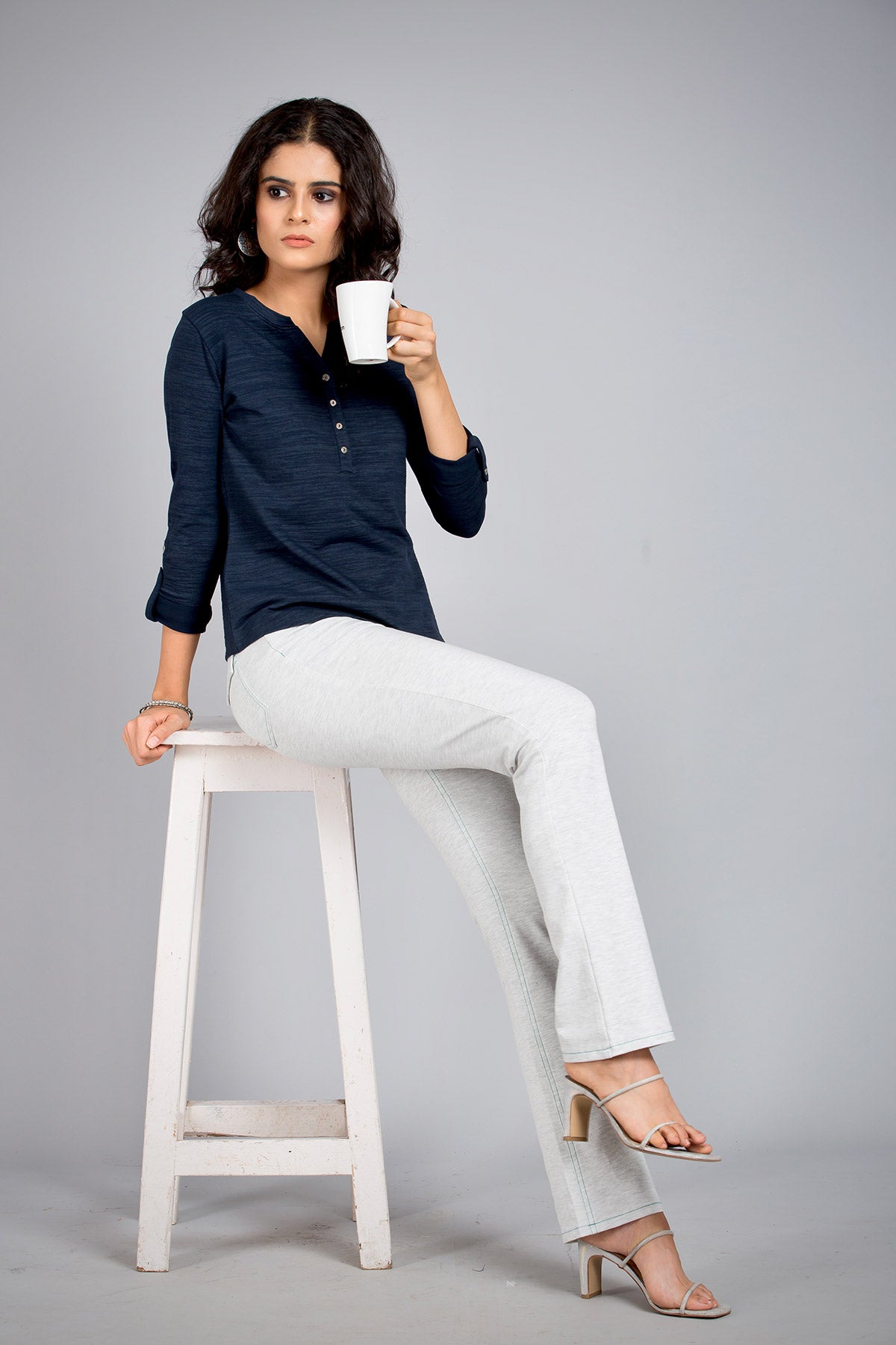 White-Accrue Melange Stretch Walking Pants