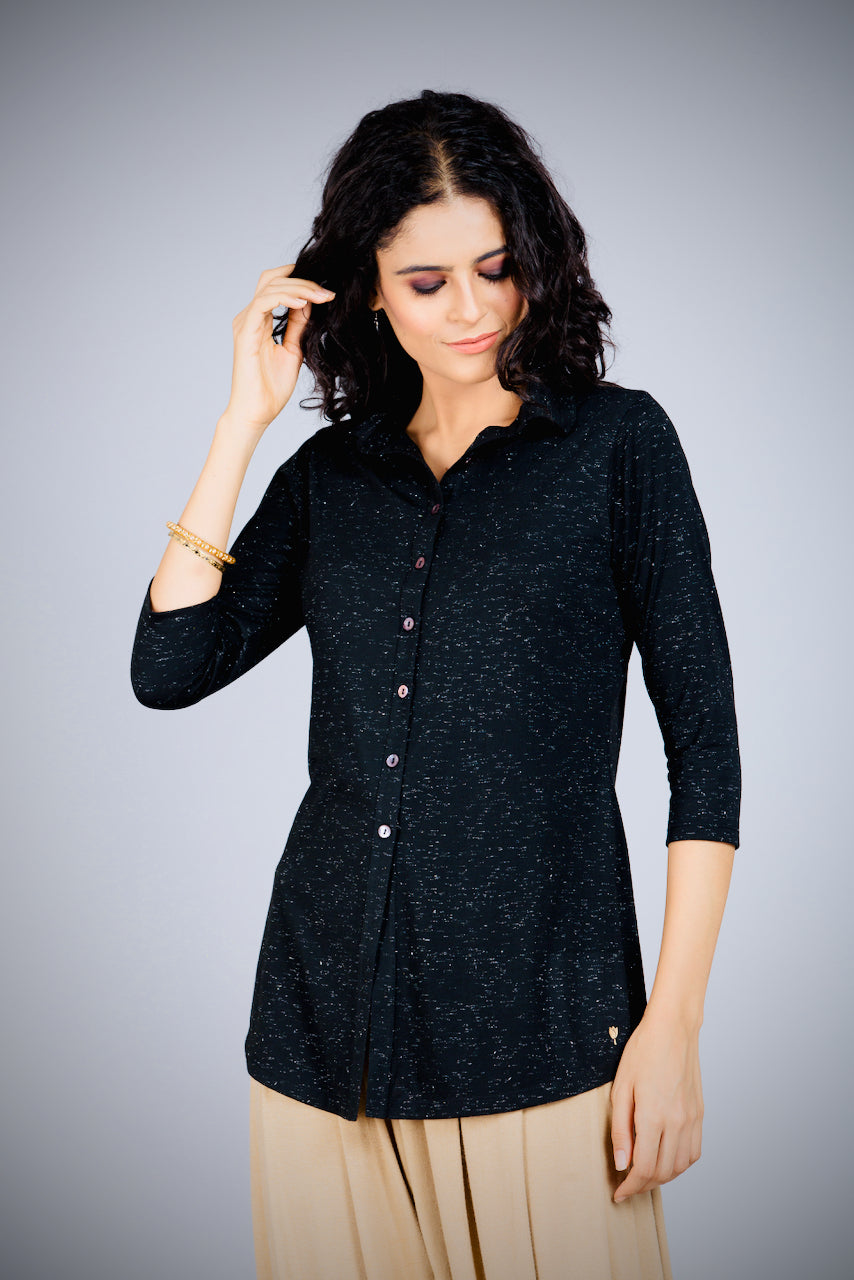 Black Sheen Stretch Long Shirt
