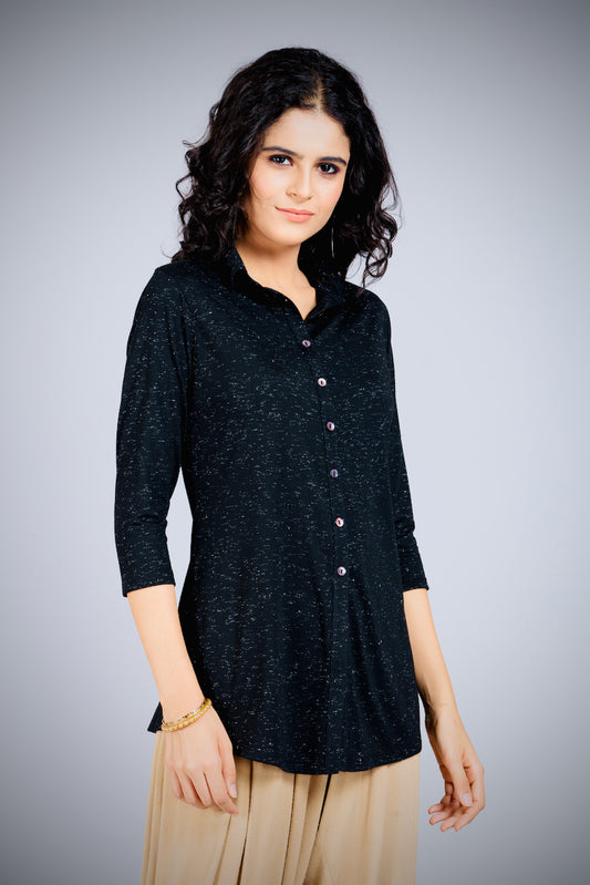 Black Sheen Stretch Long Shirt