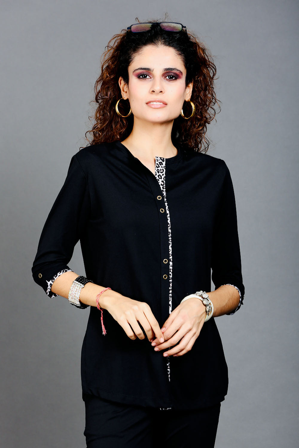 Black Long Top with Animal Print Highlights