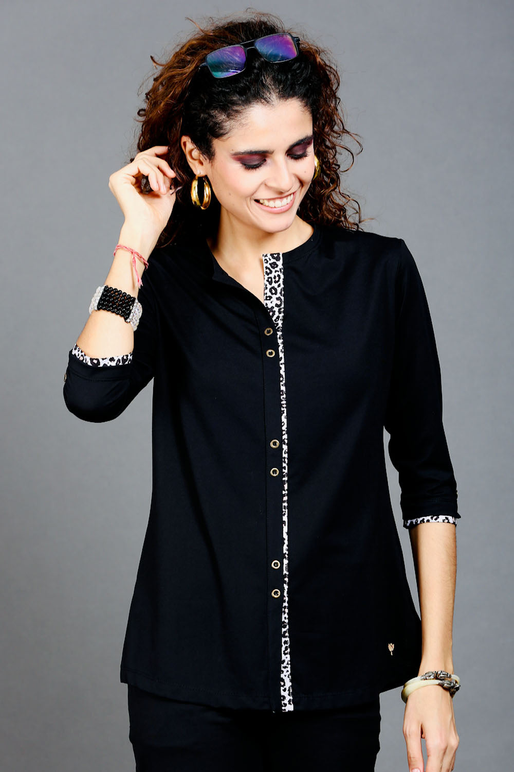 Black Long Top with Animal Print Highlights