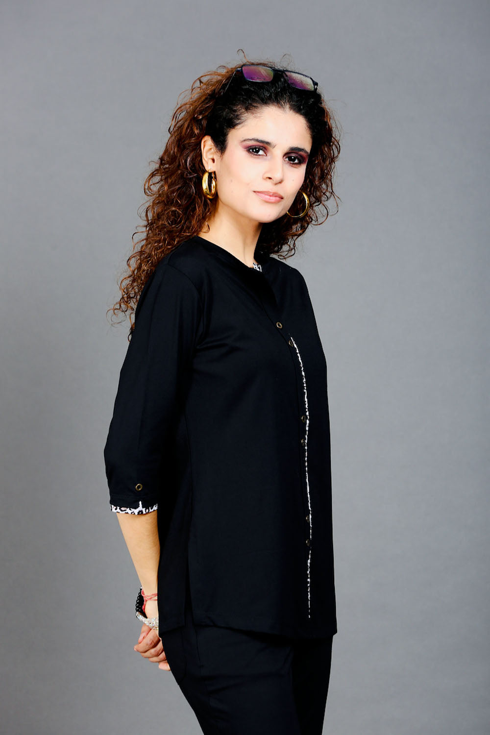 Black Long Top with Animal Print Highlights