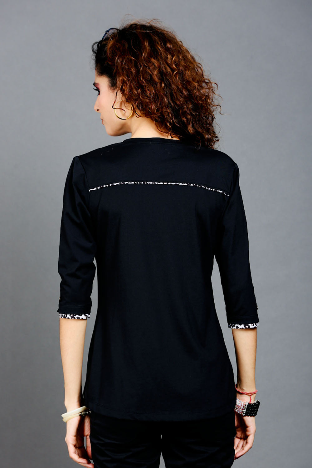 Black Long Top with Animal Print Highlights