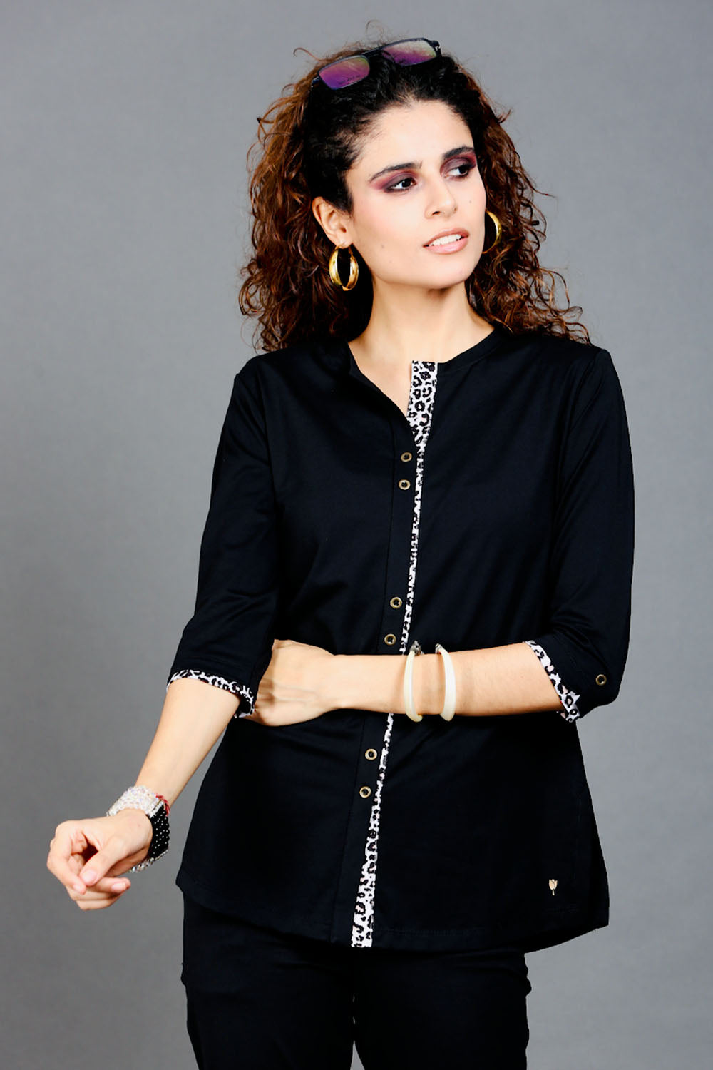 Black Long Top with Animal Print Highlights