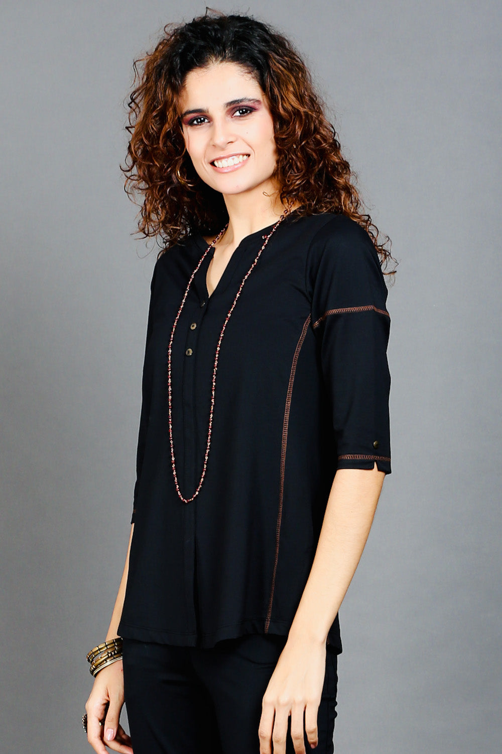 Black Long V Neck Top with Brown Threadwork