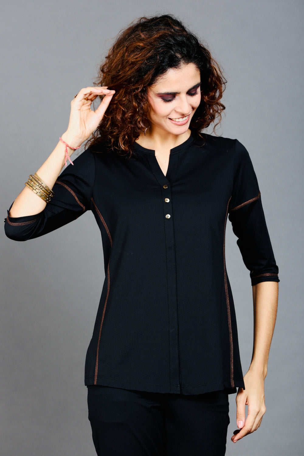 Black Long V Neck Top with Brown Threadwork