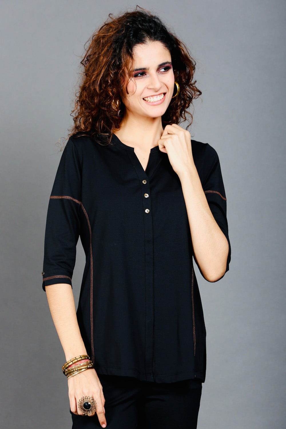 Black Long V Neck Top with Brown Threadwork