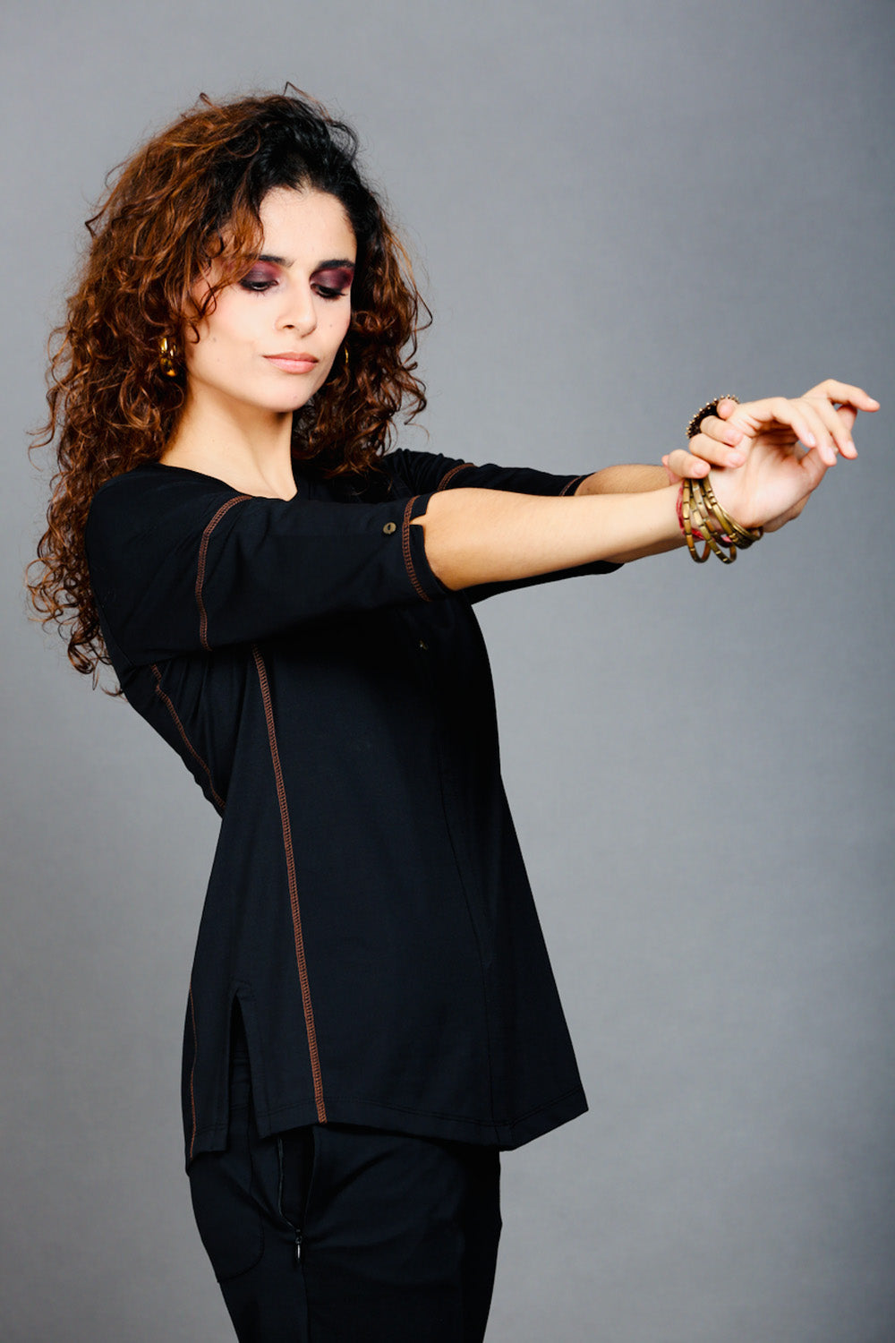 Black Long V Neck Top with Brown Threadwork
