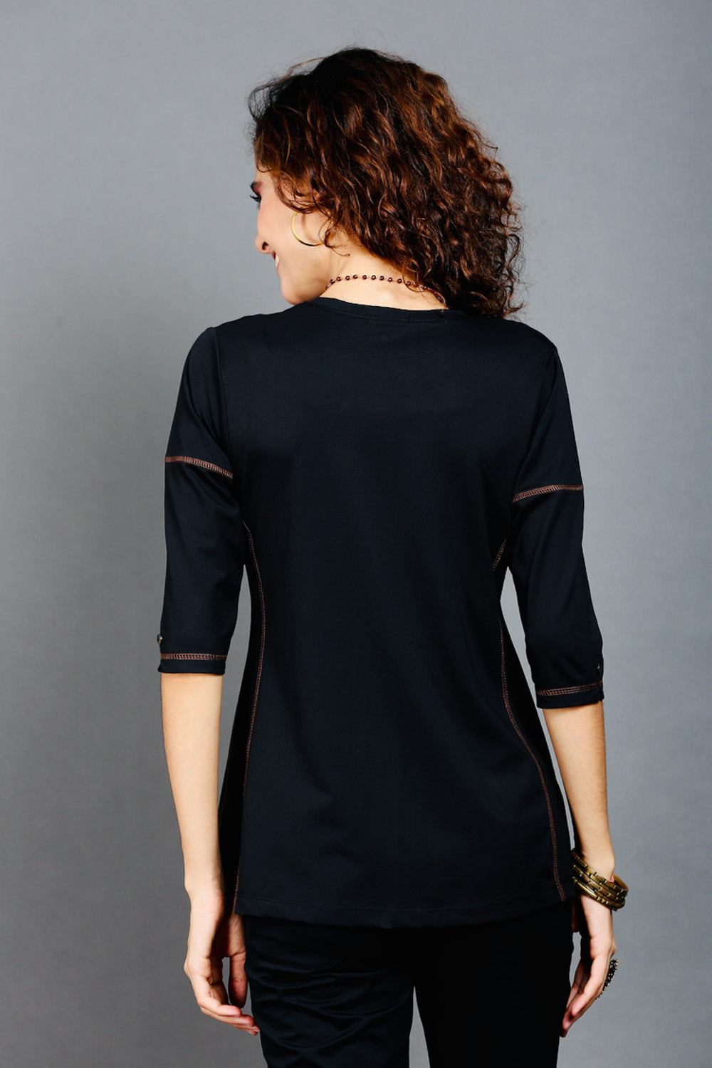 Black Long V Neck Top with Brown Threadwork