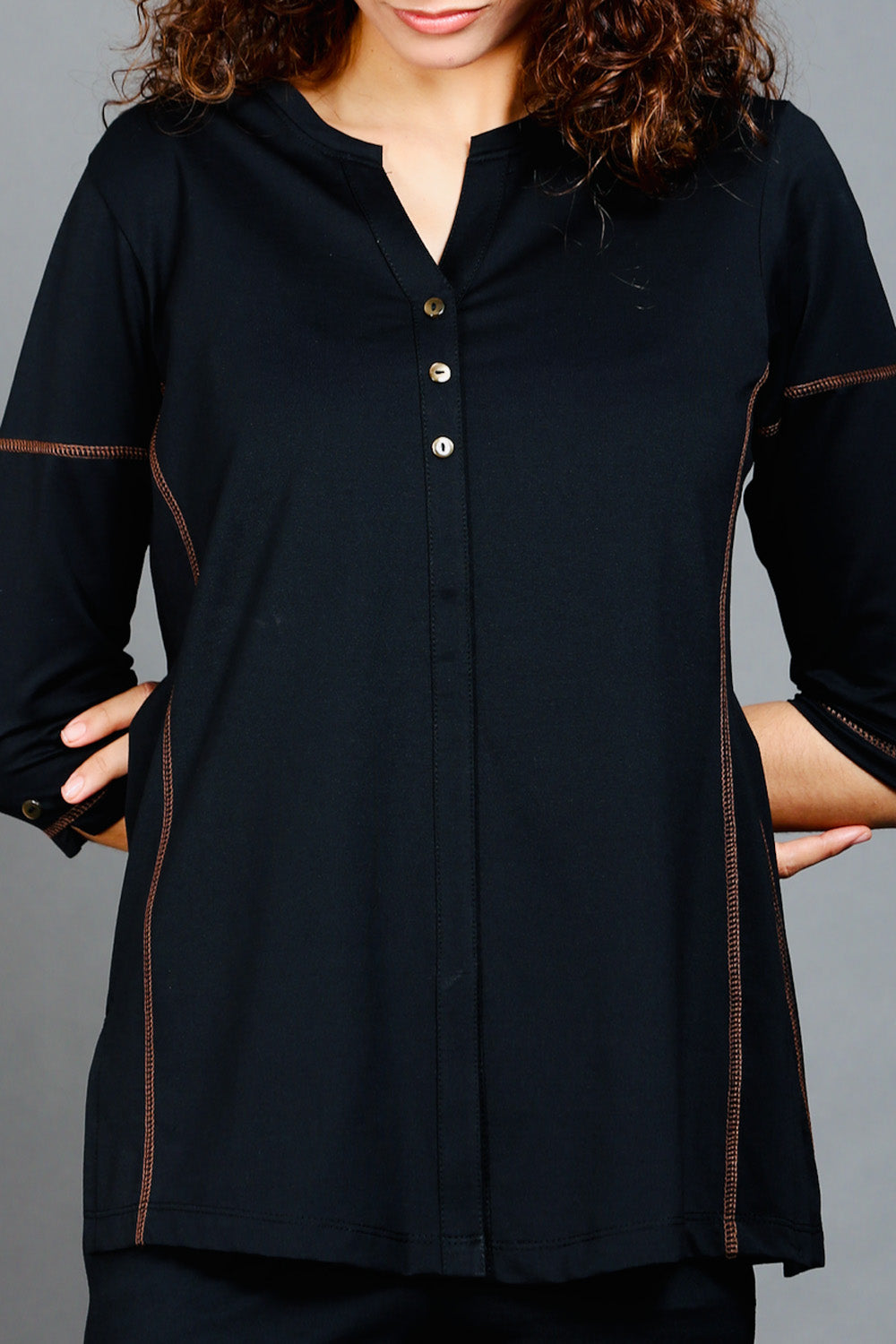 Black Long V Neck Top with Brown Threadwork