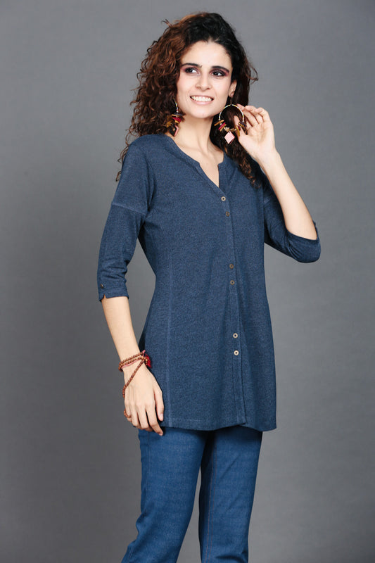 Blue Dual-Tone Long Stretch Shirt