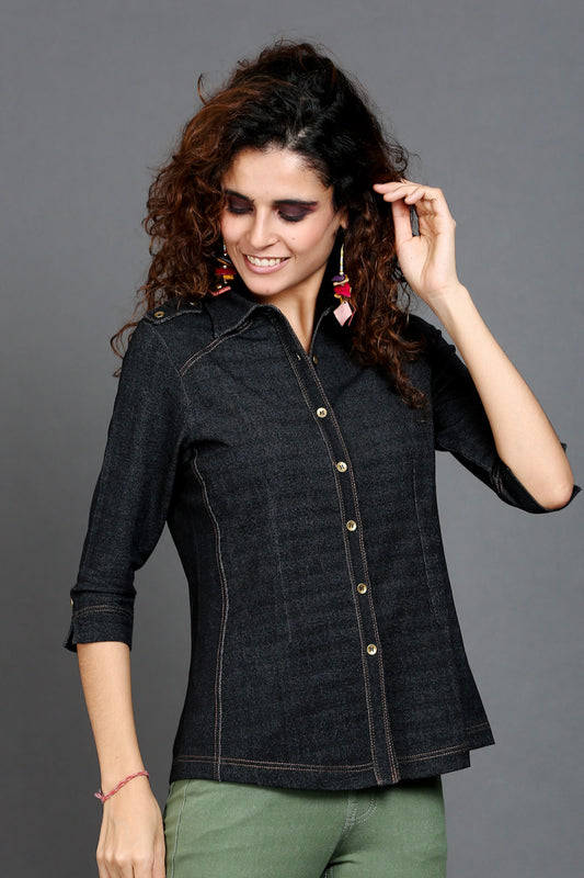 Charcoal Black Denim-Look Stretch Shirt