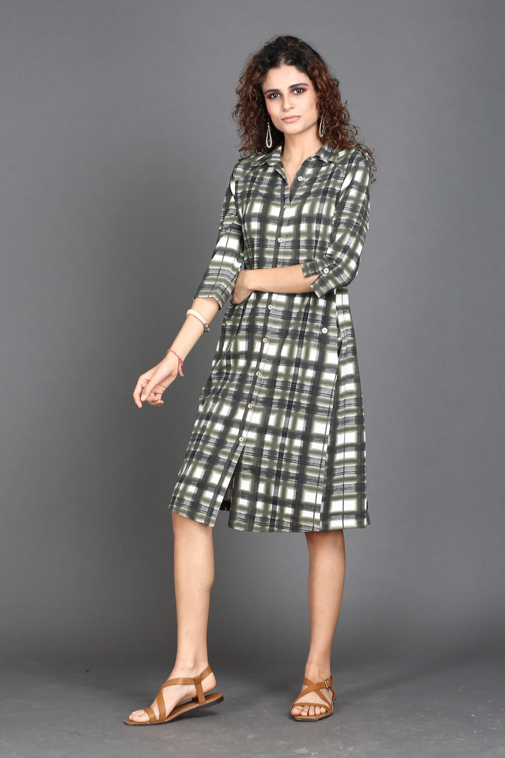 Off White with Olive Grey Checks Cotton Stretch Dress