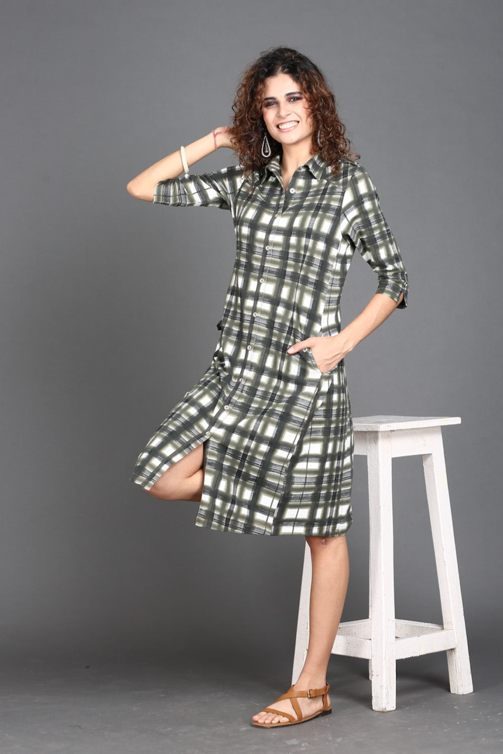 Off White with Olive Grey Checks Cotton Stretch Dress