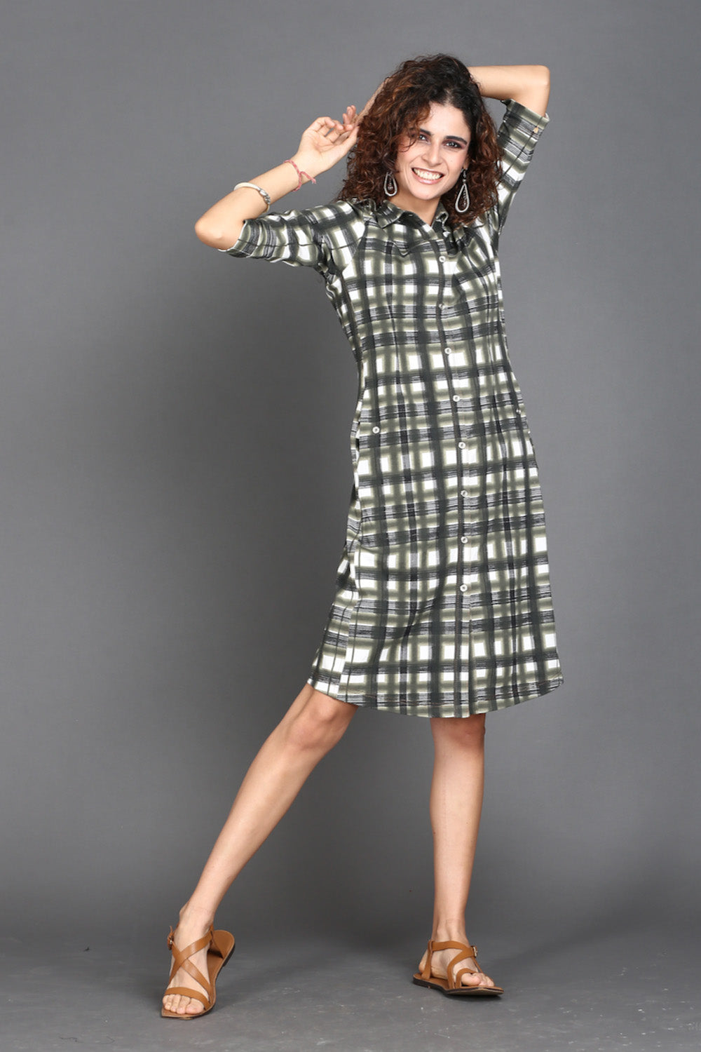 Off White with Olive Grey Checks Cotton Stretch Dress
