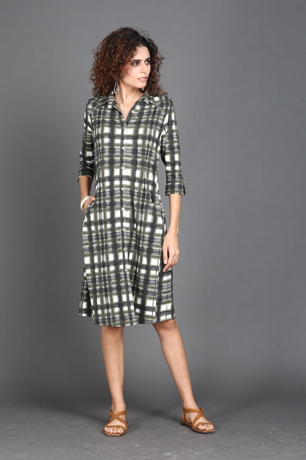 Off White with Olive Grey Checks Cotton Stretch Dress