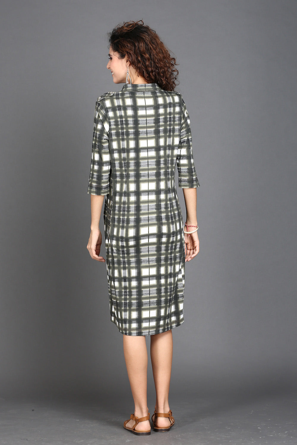 Off White with Olive Grey Checks Cotton Stretch Dress