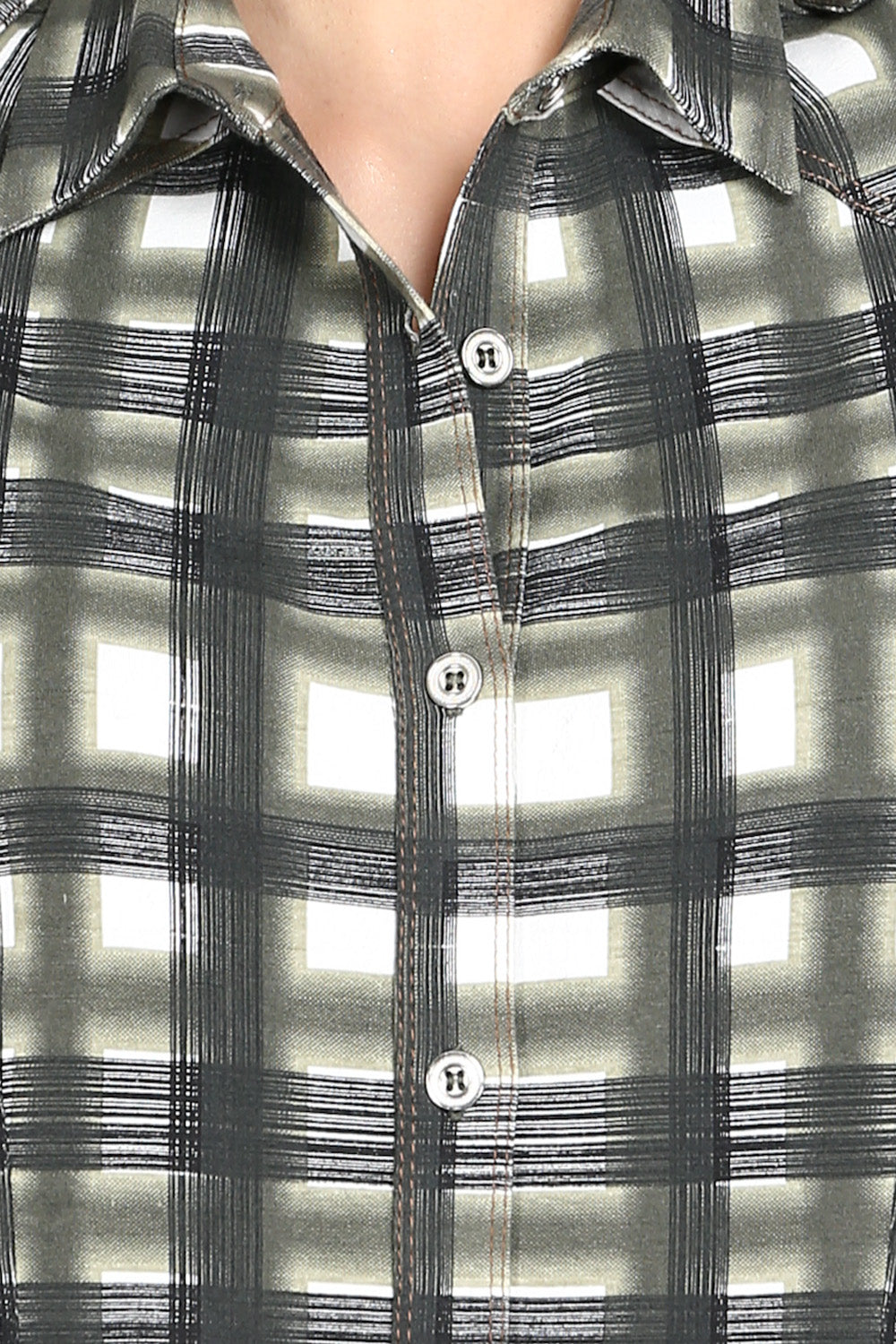 Off White with Olive Grey Checks Cotton Stretch Dress
