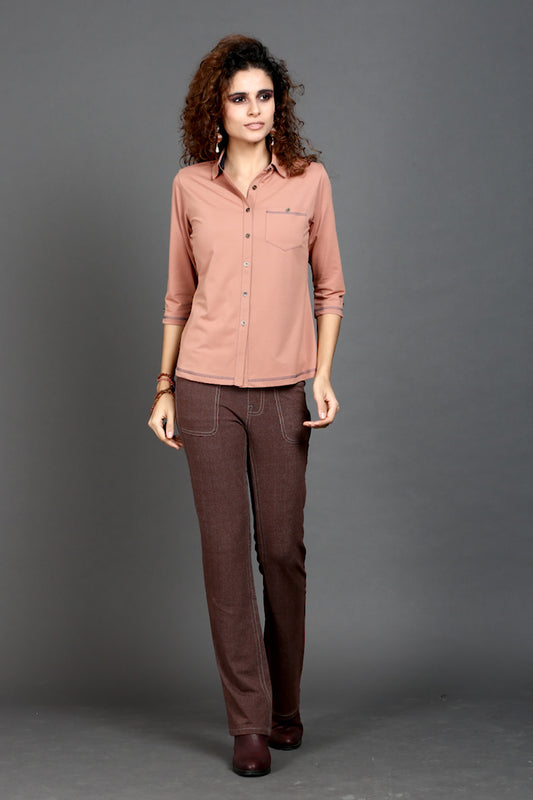 Light Brown Stretch Shirt with Grey Stitch & Front Pocket