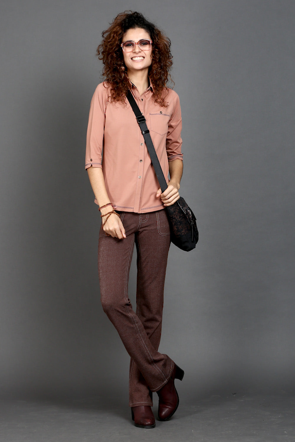 Light Brown Stretch Shirt with Grey Stitch & Front Pocket