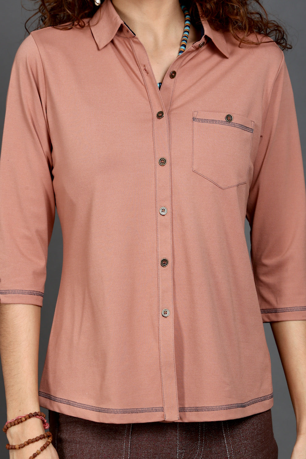 Light Brown Stretch Shirt with Grey Stitch & Front Pocket