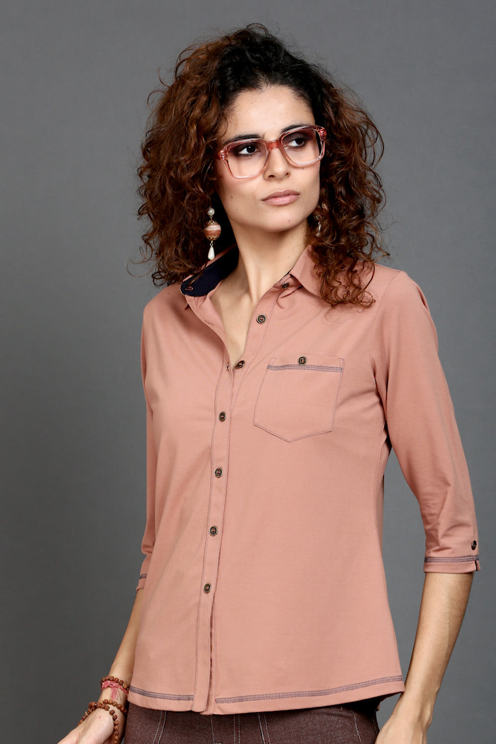 Light Brown Stretch Shirt with Grey Stitch & Front Pocket