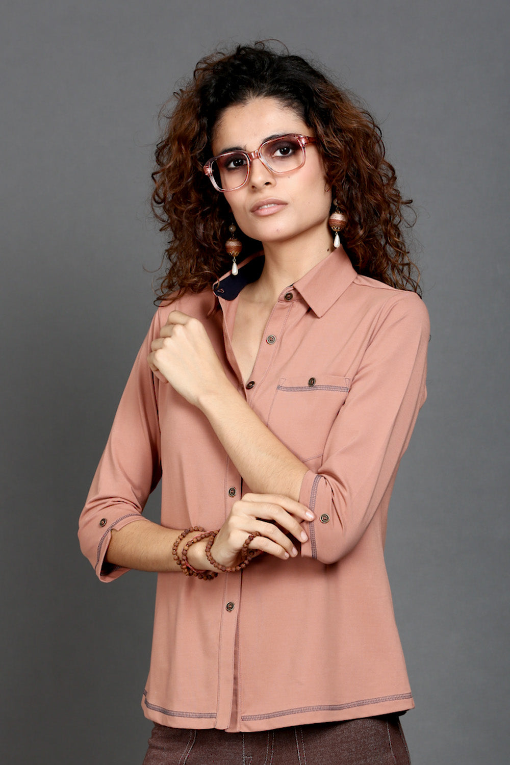 Light Brown Stretch Shirt with Grey Stitch & Front Pocket