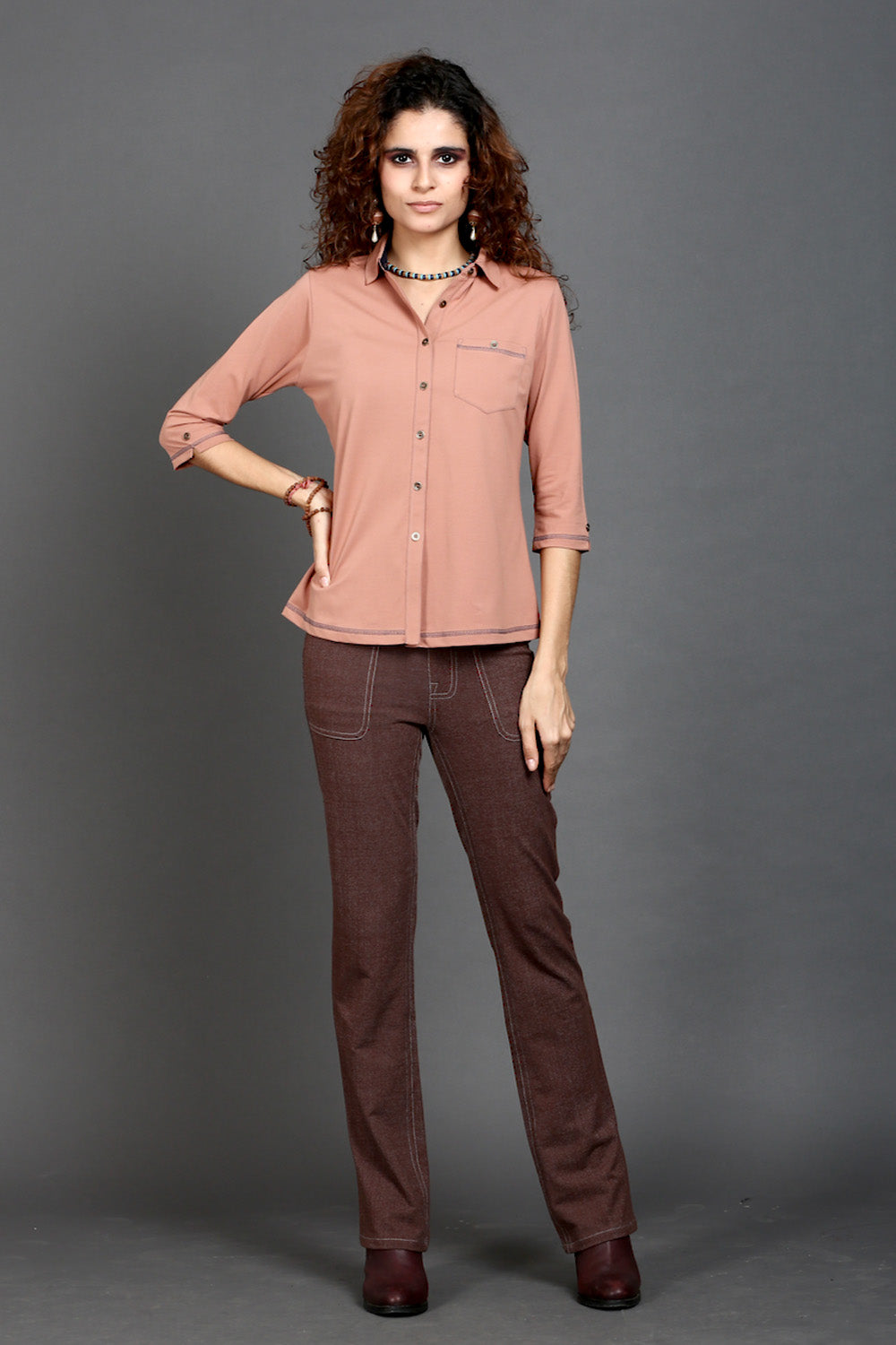 Light Brown Stretch Shirt with Grey Stitch & Front Pocket
