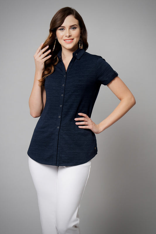 Navy Long Cotton Crush Stretch Shirt