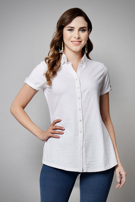 White Long Cotton Crush Stretch Shirt