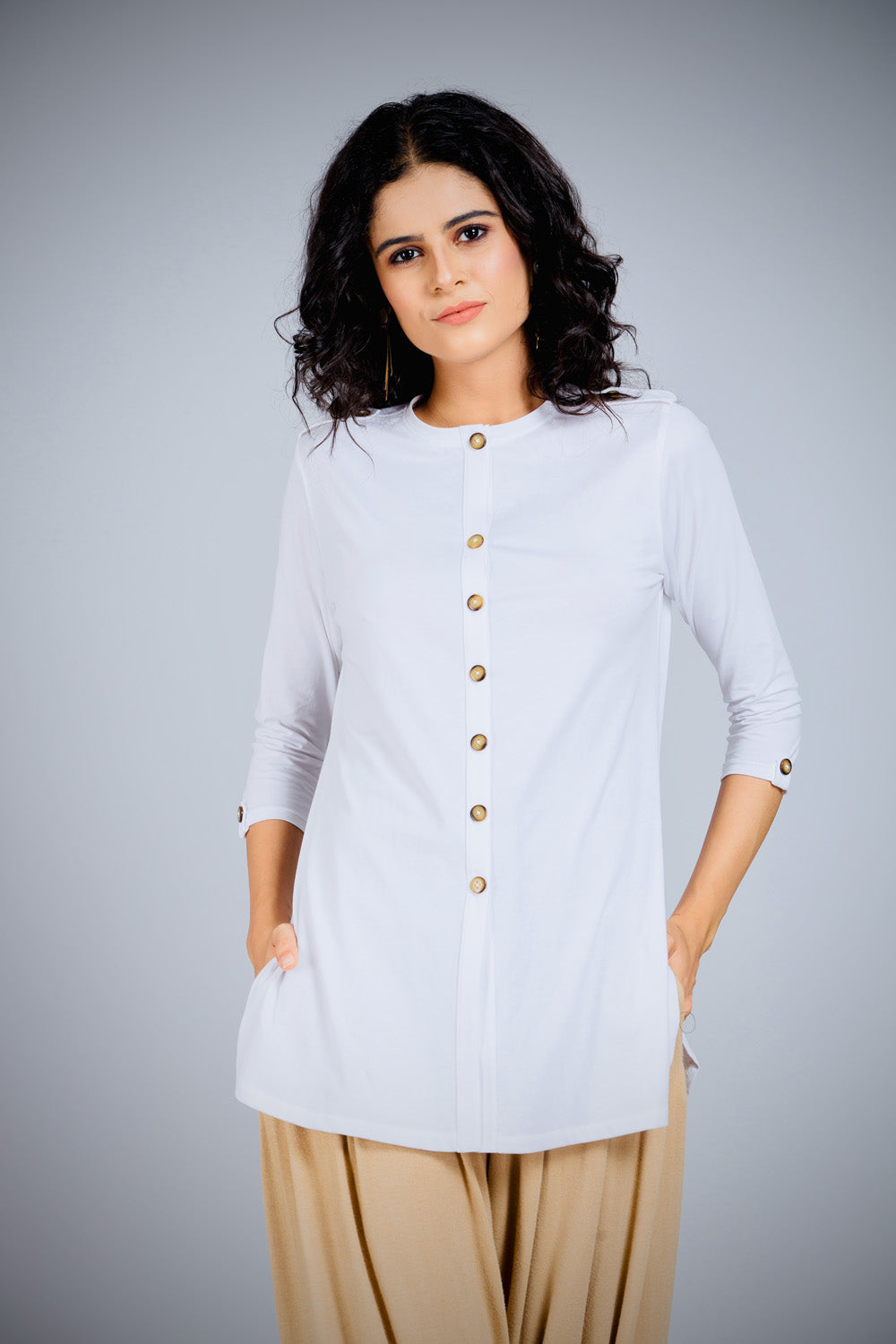 White Long Round Neck Kurta Top