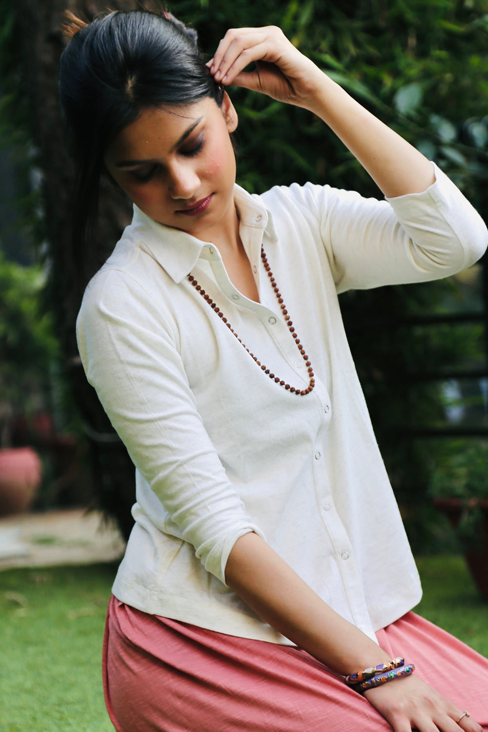 White Silver Woven Stretch Shirt