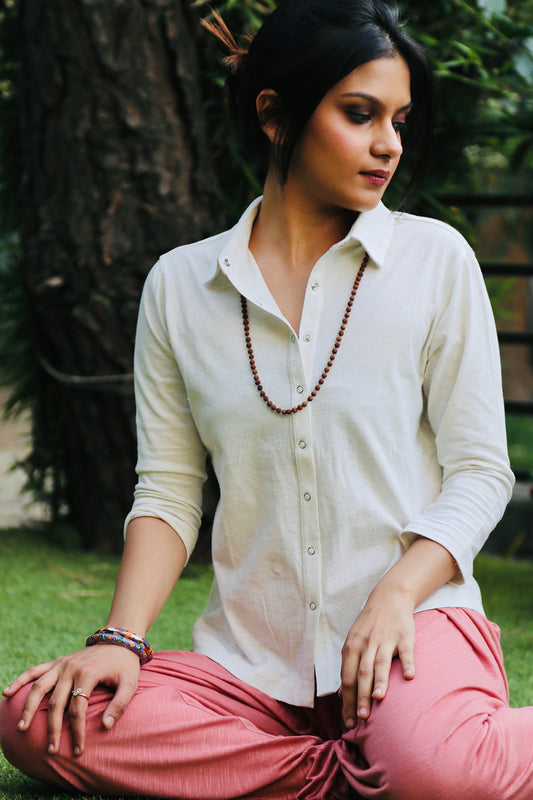 White Silver Woven Stretch Shirt