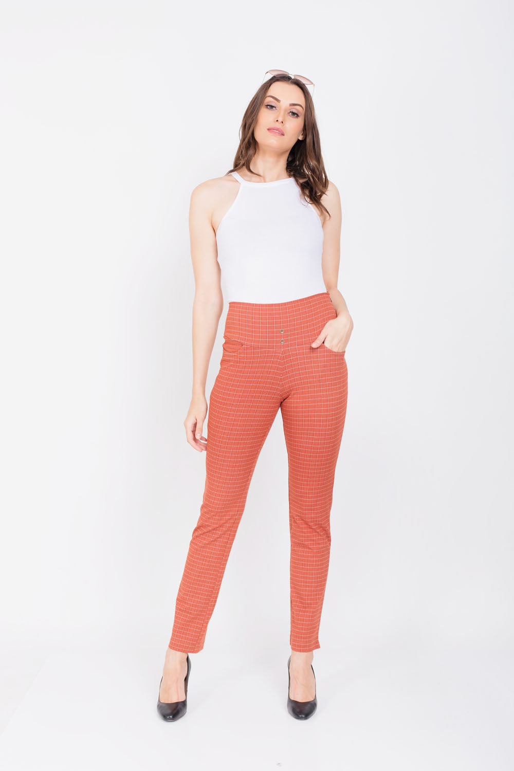 Rust Urban Checks Stretch Pants