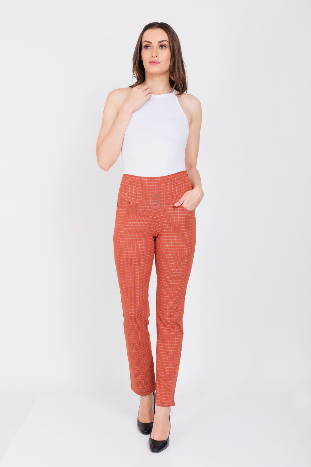 Rust Urban Checks Stretch Pants