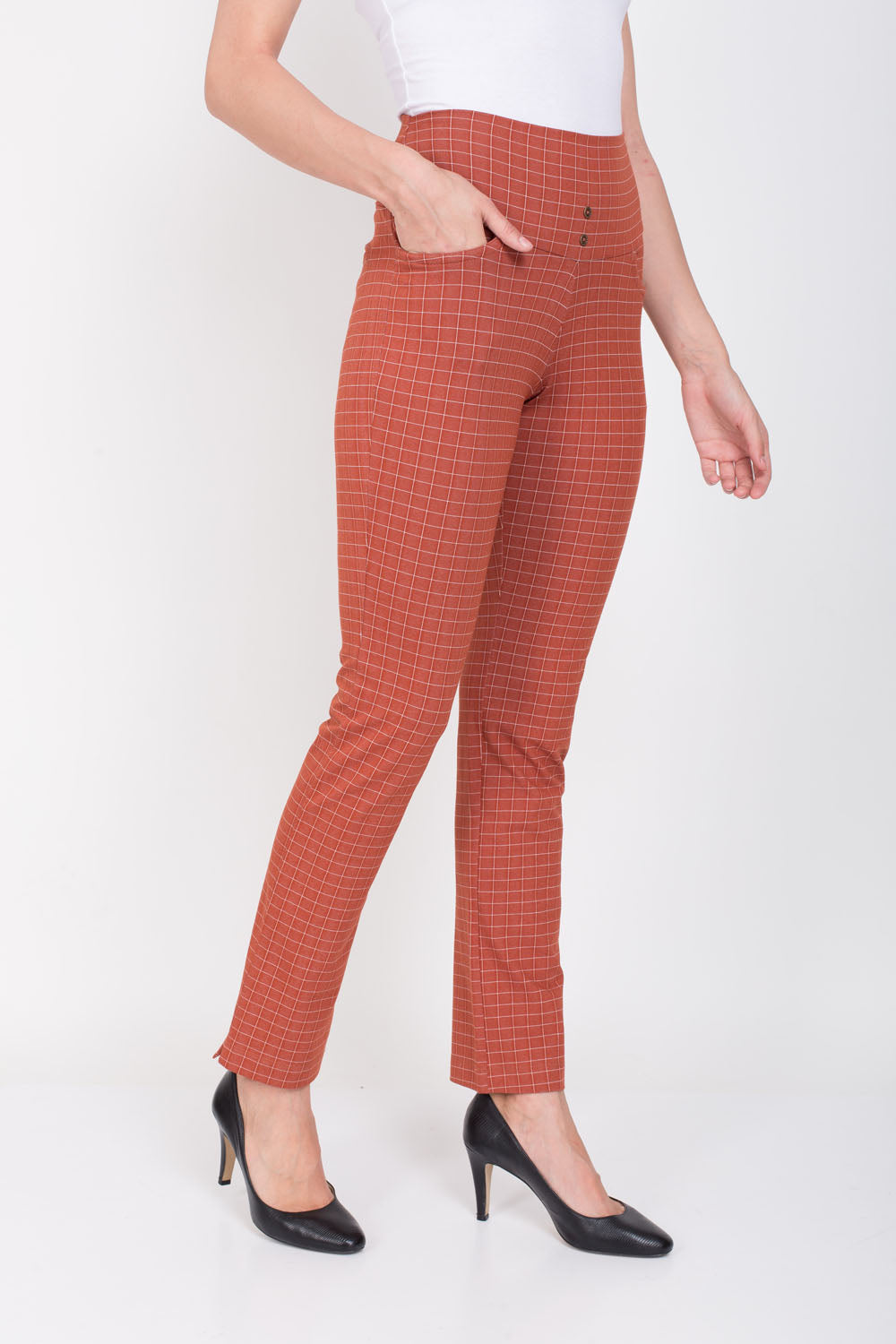 Rust Urban Checks Stretch Pants