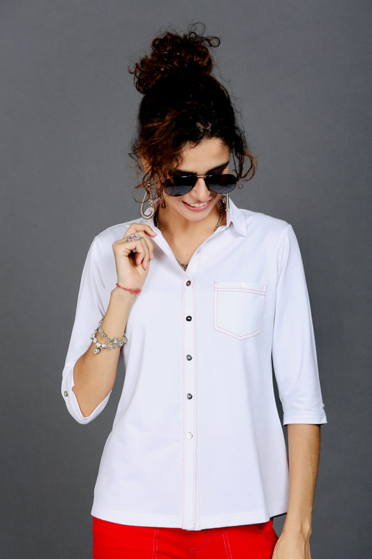 White Stretch Shirt with Red Stitch Details